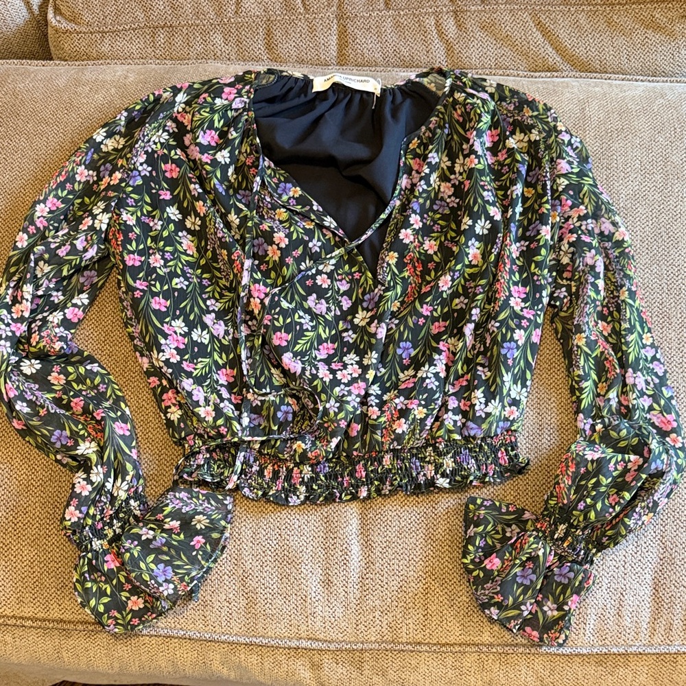 Amanda Uprichard Black Floral V Neck Long-Sleeve Blouse